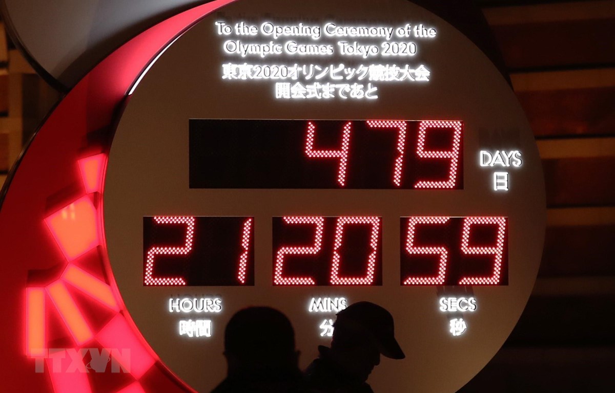 Đồng hồ đếm ngược tới Olympic Tokyo bên ngoài nhà ga Tokyo, Nhật Bản