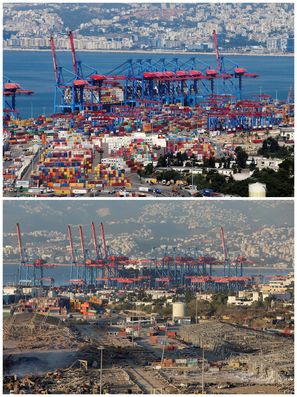 Ảnh trên là cảng Beirut chụp ngày 22-8-2019 và ảnh dưới là Beirut ngày 5-8-2020