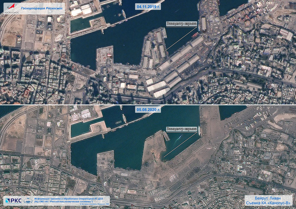 Hình bên trên chụp ngày 4-11-2019 và hình dưới là Beirut sau vụ nổ 