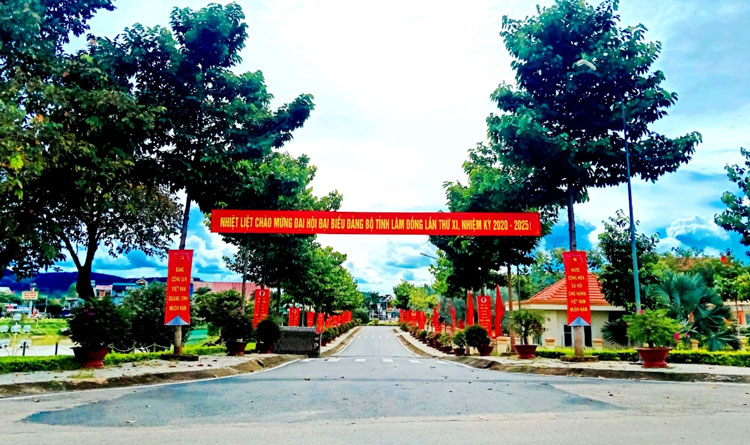 Đường vào trung tâm hành chính huyện Đạ Huoai lung linh cờ hoa chào mừng Đại hội