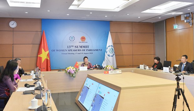 Chủ tịch Quốc hội Nguyễn Thị Kim Ngân tại Hội nghị trực tuyến các Nữ Chủ tịch Quốc hội thế giới lần thứ 13 hồi tháng 8/2020.