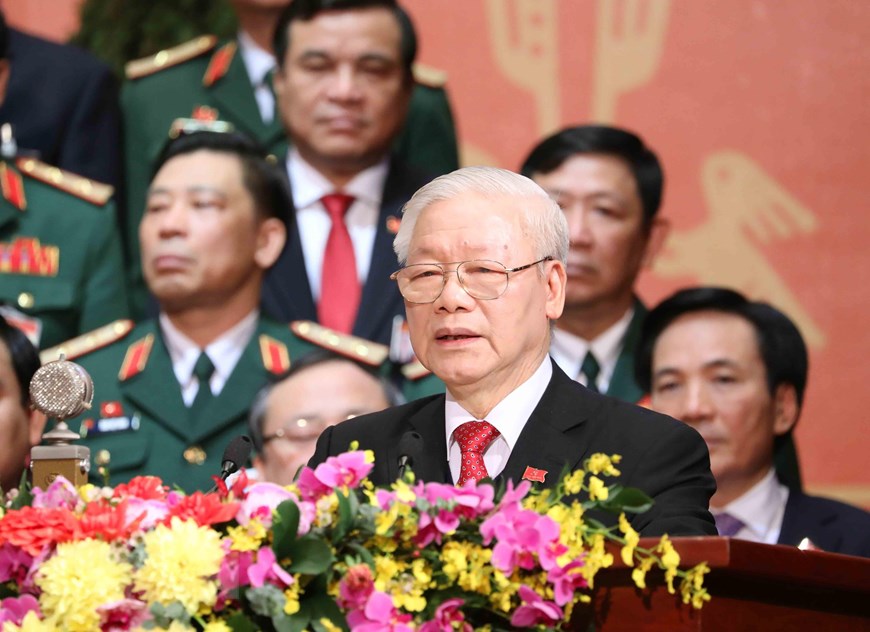 Đồng chí Nguyễn Phú Trọng, Tổng Bí thư BCHTW khóa XIII, Chủ tịch nước CHXHCN Việt Nam thay mặt BCHTW khóa XIII phát biểu ý kiến tại lễ ra mắt trong phiên bế mạc, sáng 1/2/2021. (Nguồn: TTXVN)