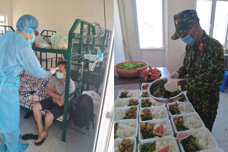 Công tác chăm sóc sức khỏe và đảm bảo hậu cần cho bà con từ vùng dịch trở về đang tiến hành cách ly tại Trung tâm huấn luyện của Ban CHQS huyện Đơn Dương