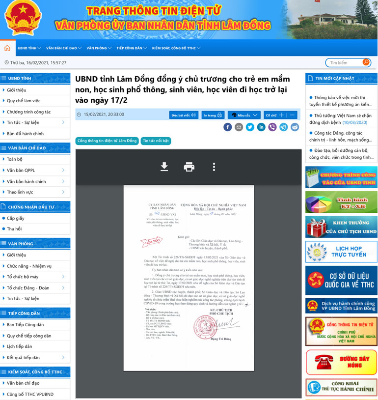 Văn bản chính thống đồng ý chủ trương cho học sinh đi học trở lại từ ngày 17/2 được đăng tải lên Trang thông tin điện tử của UBND tỉnh Lâm Đồng