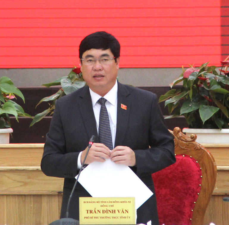 Phó Bí thư Thường trực Tỉnh ủy Trần Đình Văn phát biểu tại hội nghị