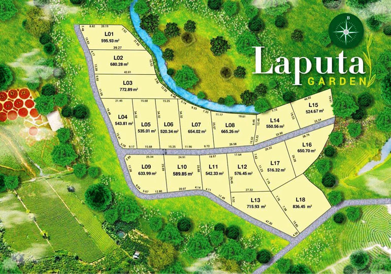 Laputa Garden được phân chia thành 18 lô, mỗi lô có diện tích từ 500 - 800 m2