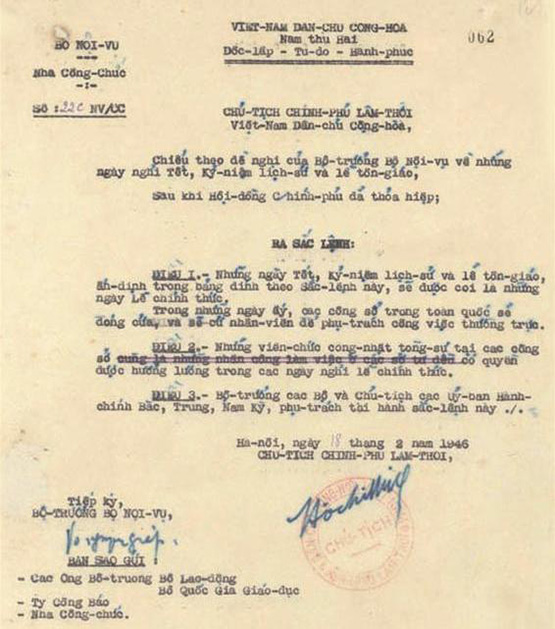 Sắc lệnh số 22c NV/CC ngày 18/2/1946 quy định ngày 1/5 là một trong những ngày Lễ chính thức của nước ta.