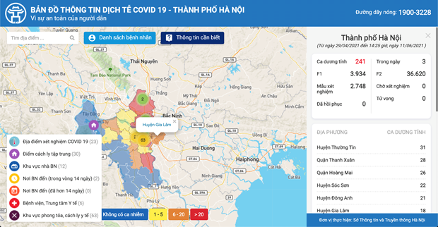 Bản đồ thông tin dịch tễ COVID-19 Hà Nội có địa chỉ https: https://covidmaps.hanoi.gov.vn. (Ảnh chụp màn hình)