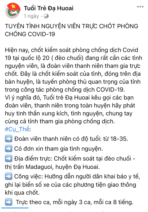 Huyện Đoàn Đạ Huoai kêu gọi đoàn viên, thanh niên tình nguyên tham gia phòng chống dịch tại chốt đèo Chuối