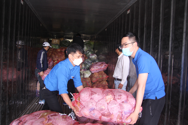 Nông sản được vận chuyển lên xe để chở về tỉnh Phú Yên vào sáng 20/7