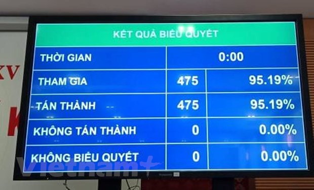 Quốc hội biểu quyết thông qua Nghị quyết bầu Chủ tịch Hội đồng Dân tộc bằng hệ thống biểu quyết điện tử. (Ảnh: PV/Vietnam+)