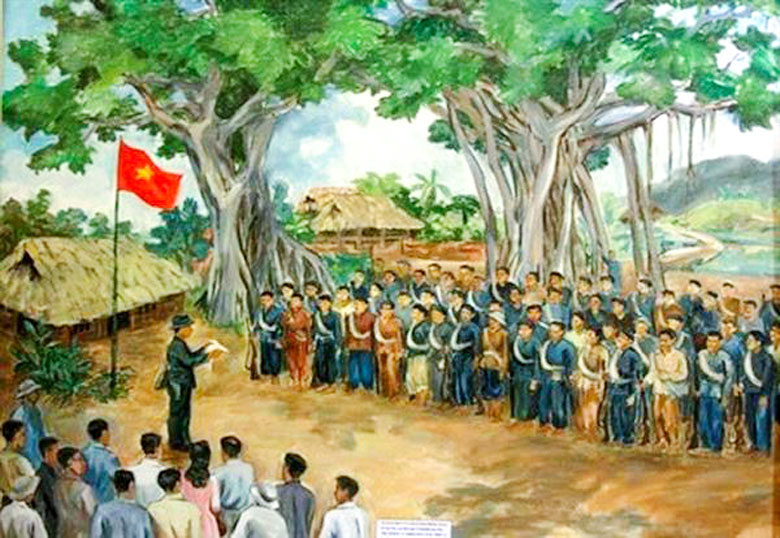 Bức họa lễ xuất quân của 34 chiến sỹ Giải phóng quân tại cây đa Tân Trào tháng 8/1945. Ảnh tư liệu