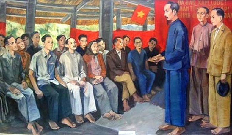 Bức họa Đại hội quốc dân họp ở Tân Trào ngày 16/8/1945 quyết định tổng khởi nghĩa trong cả nước. Ảnh tư liệu