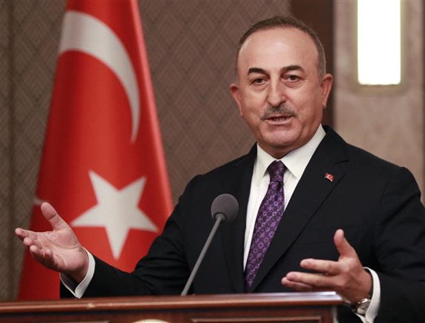 Ngoại trưởng Thổ Nhĩ Kỳ Mevlut Cavusoglu phát biểu trong cuộc họp báo tại Ankara, ngày 15/4/2021