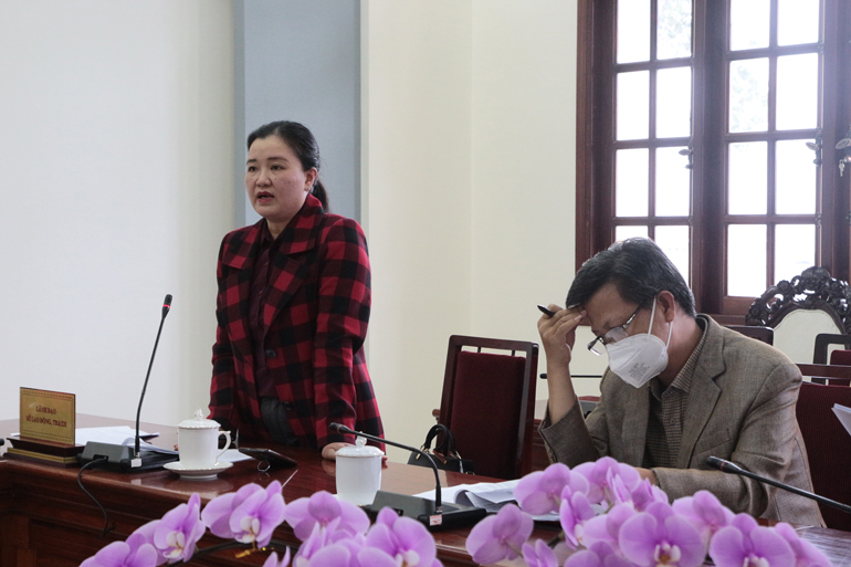 Bà Lê Thị Thêu – Giám đốc Sở Lao động Thương binh và Xã hội trình bày phương án đón hơn 3.100 công dân trở về bằng ô tô