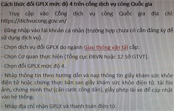 Cách thức đổi GPLX mức độ 4 trên CDVCQG.