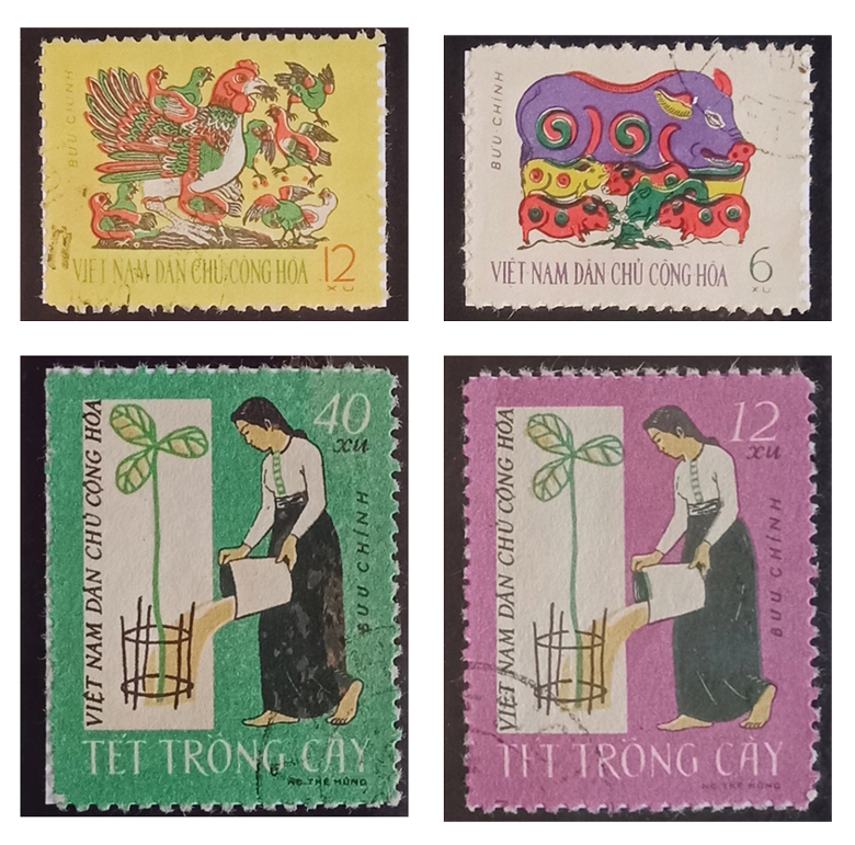 Bộ tem Tết Nhâm Dần 1962 với 2 đợt phát hành tem: 2 mẫu tem “Tranh lợn đàn”, “Tranh gà đàn” và 2 mẫu tem “Tết trồng cây” phát hành ngày 16/01/1962