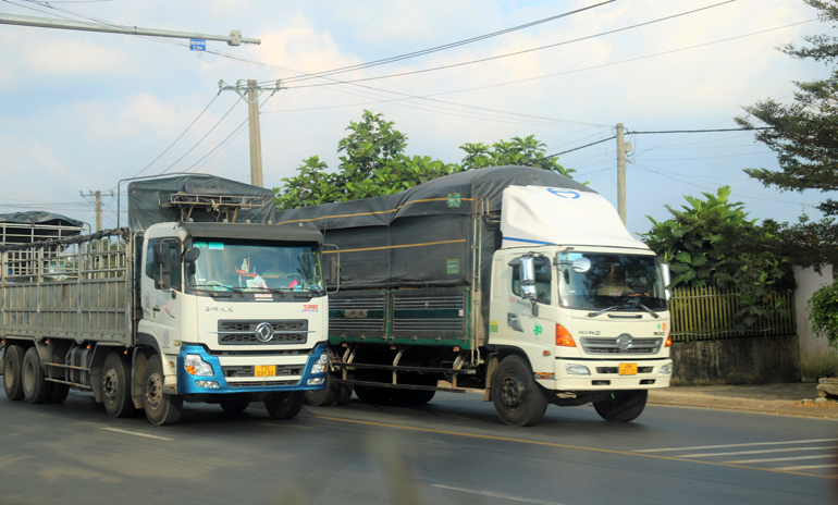 Xe tải đua nhau vượt ẩu trên Quốc lộ 20 đoạn qua xã Lộc An (huyện Bảo Lâm)