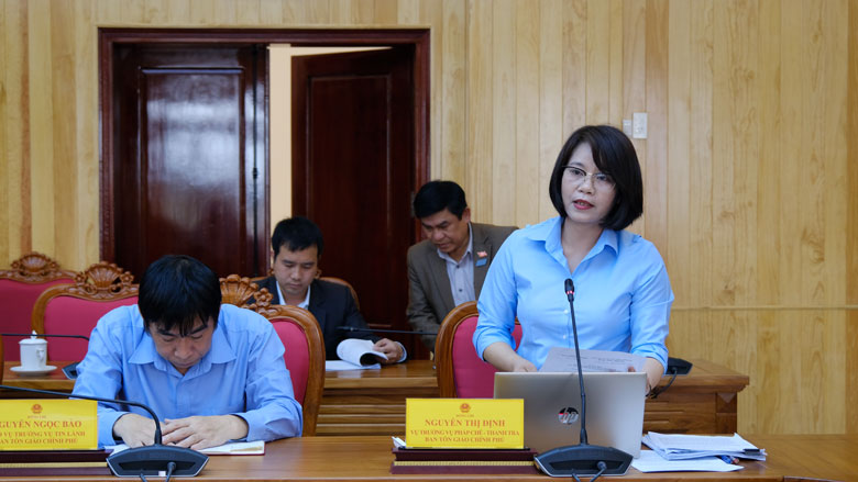 Bà Nguyễn Thị Định - Vụ phó Vụ Pháp chế - thanh tra phát biểu góp ý một số điều trong báo cáo của tỉnh về thực hiện pháp luật về tín ngưỡng, tôn giáo