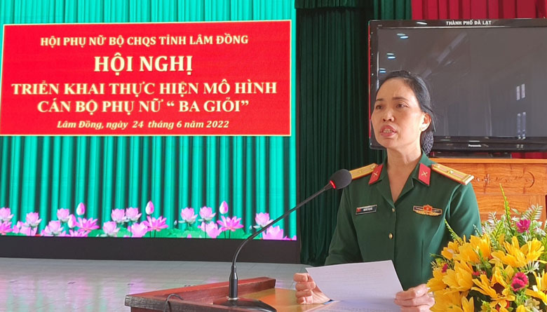 Thiếu tá Nguyễn Thị Hoà - Chủ tịch Hội Phụ nữ Bộ Chỉ huy Quân sự tỉnh triển khai các nội dung thực hiện mô hình cán bộ phụ nữ “3 giỏi”
