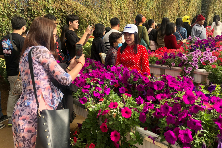 Du khách thích thú chụp hình cùng hoa tại làng hoa Vạn Thành, TP Đà Lạt