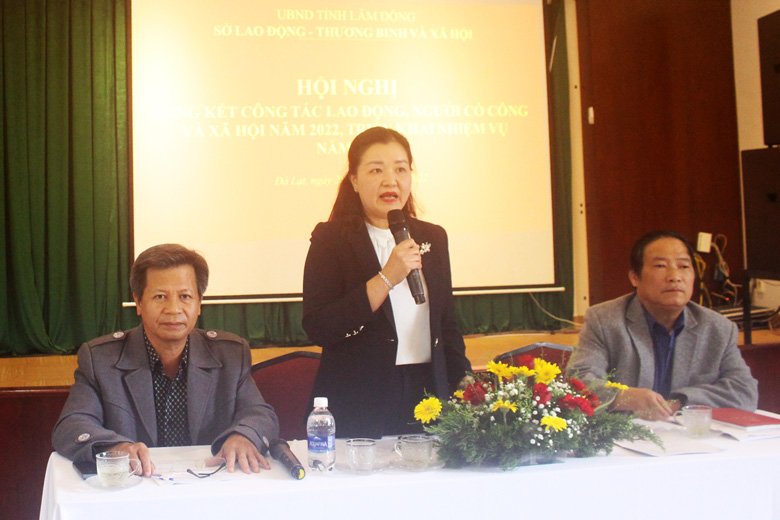 Bà Lê Thị Thêu – Giám đốc Sở Lao động Thương binh và Xã hội, phát biểu tại hội nghị