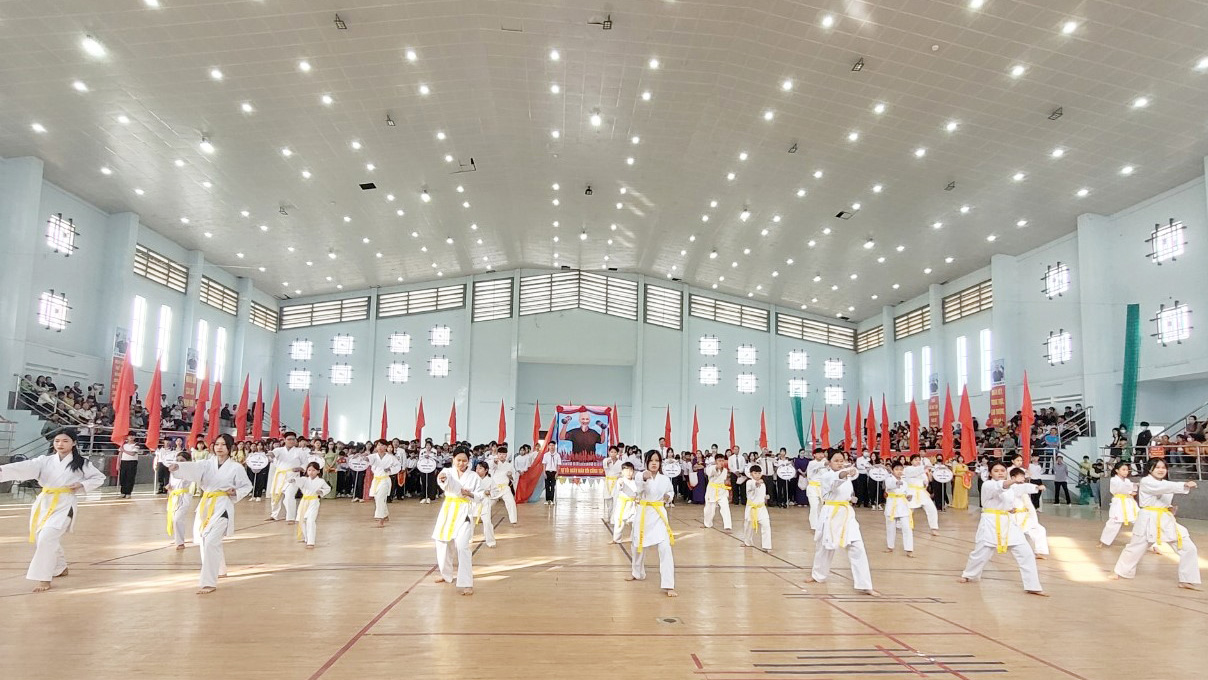 Các em học sinh biểu diễn võ thuật tại lễ khai mạc Hội khỏe Phù Đổng