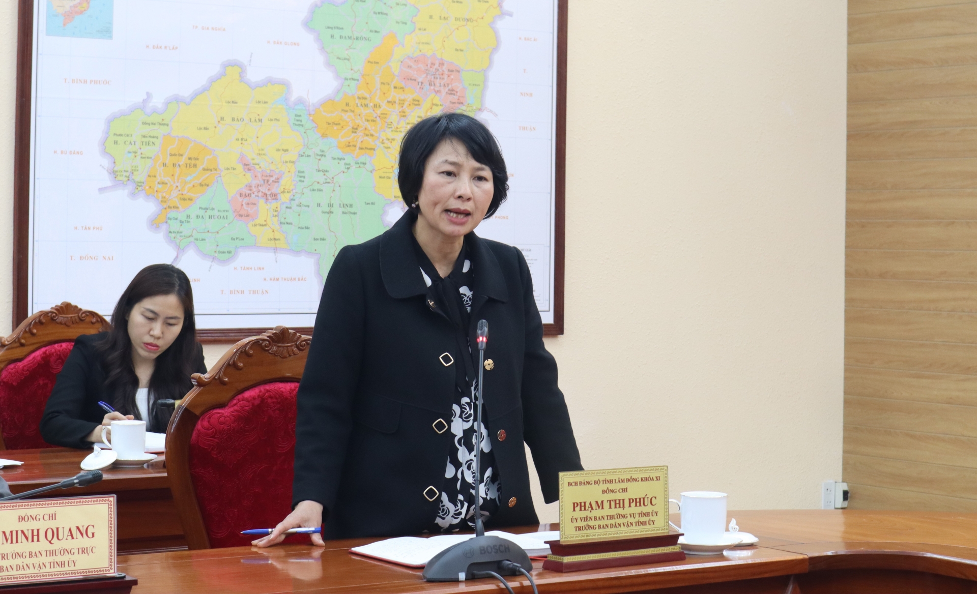 Đồng chí Phạm Thị Phúc - Trưởng Ban Dân vận Tỉnh ủy phát biểu tại Hội nghị