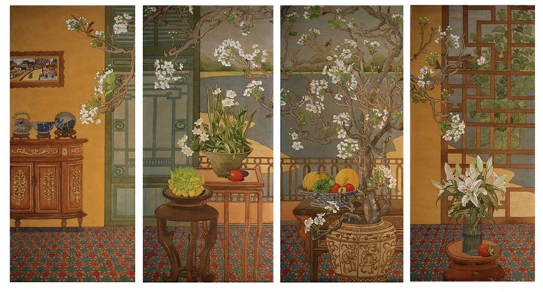 Tác phẩm Mùa xuân chíncủa họa sĩ Vũ Thùy Mai tại triển lãm mỹ thuật “Ngộ”, tháng 9/2023. (Ảnh: Ban tổ chức)