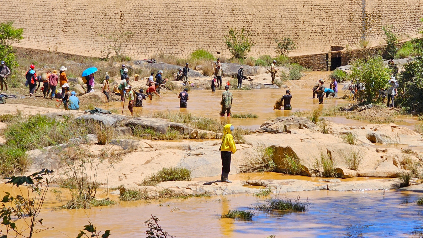 Thủy điện đầu tiên của Việt Nam xả cạn lòng hồ, người dân đổ xô đi bắt cá