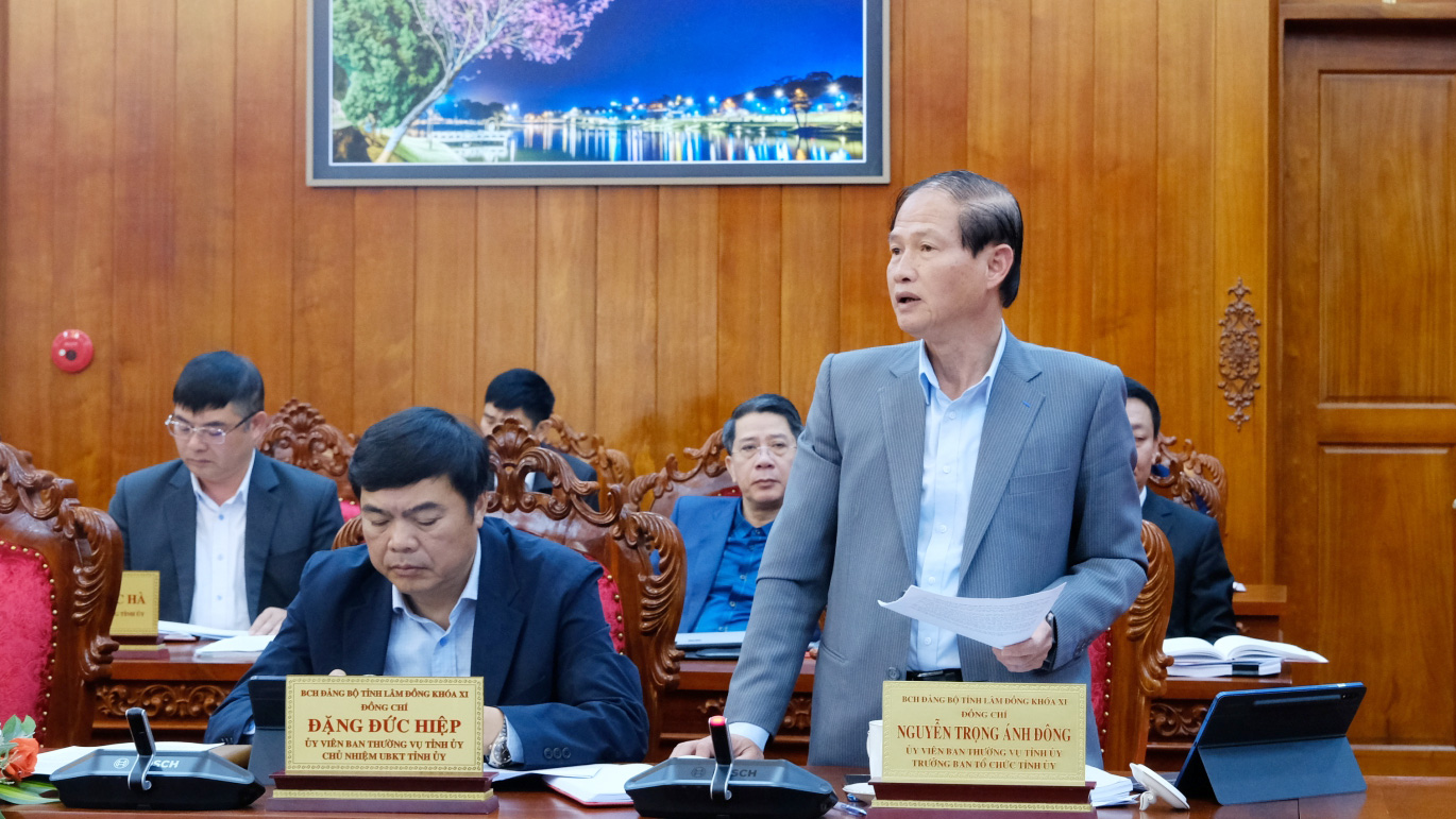 Đồng chí Nguyễn Trọng Ánh Đông - Ủy viên Ban Thường vụ, Trưởng Ban Tổ chức Tỉnh uỷ báo cáo thêm các vấn đề về công tác xây dựng Đảng
