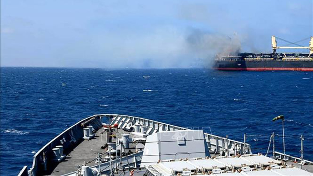 Tàu chở hàng bị lực lượng Houthi tấn công trên Vịnh Aden, Yemen, ngày 6/3/2024
