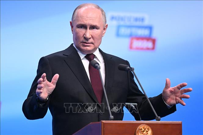 Tổng thống Nga Vladimir Putin trong cuộc họp báo tại Moskva sau khi kết quả bầu cử được công bố, ngày 18/3/2024