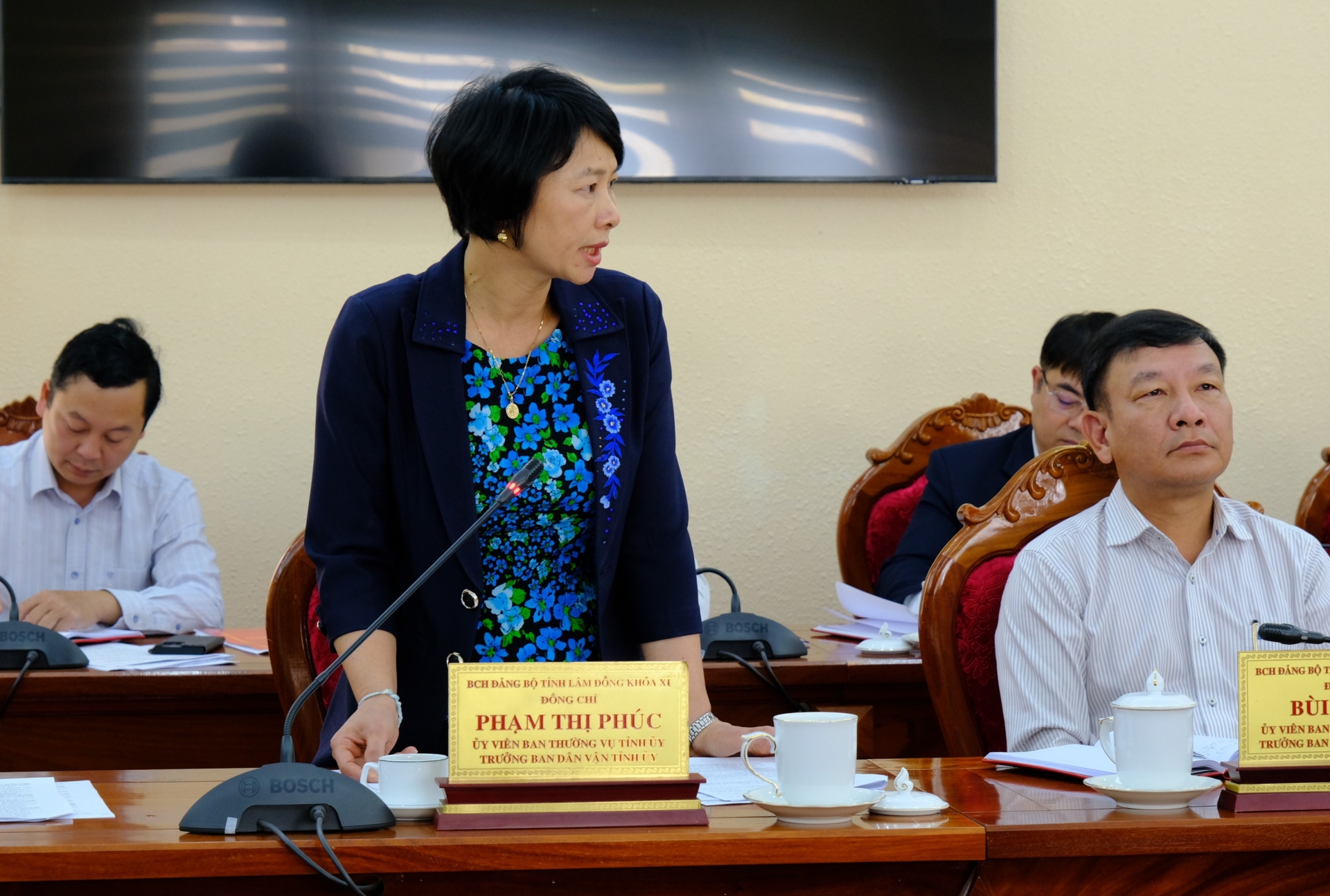 Đồng chí Phạm Thị Phúc - Ủy viên BTV, Trưởng Ban Dân vận Tỉnh ủy phát biểu ý kiến tại phiên họp