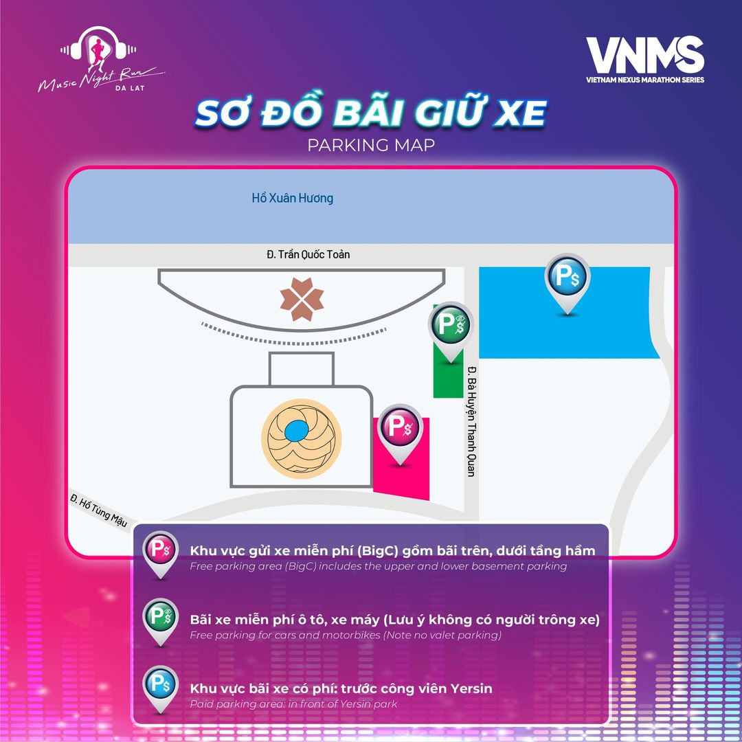 Sơ đồ bãi giữ xe của các vận động viên tham gia giải chạy Da Lát Music Night Run