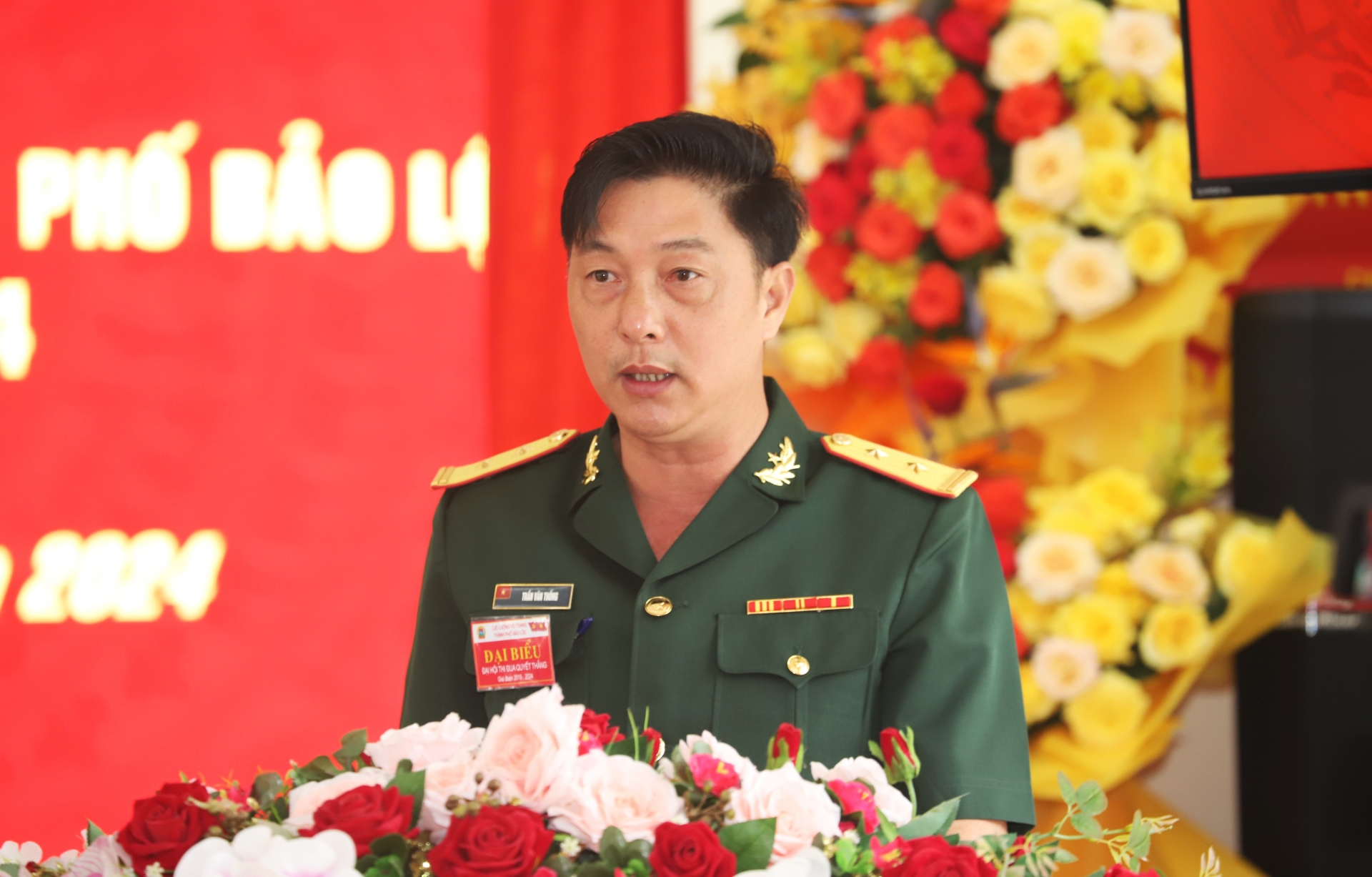 Trung tá Trần Văn Thống - Chỉ huy trưởng Ban CHQS TP Bảo Lộc phát biểu tại Đại hội
