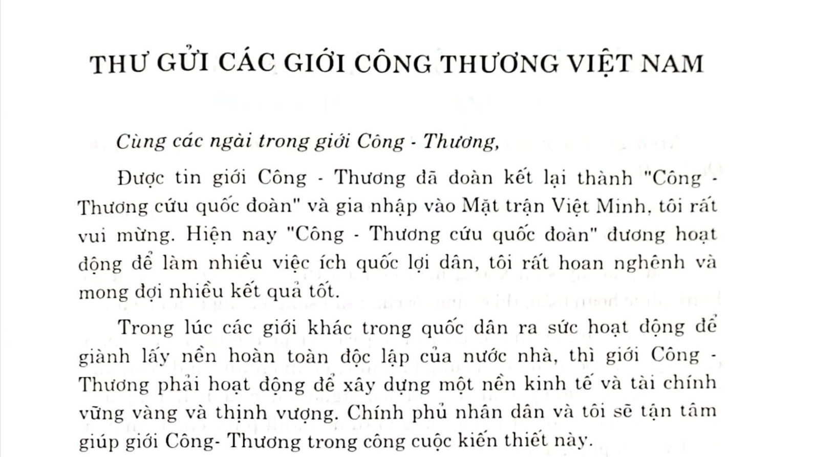 Từ bức thư của Chủ tịch Hồ Chí Minh gửi các giới công thương Việt Nam