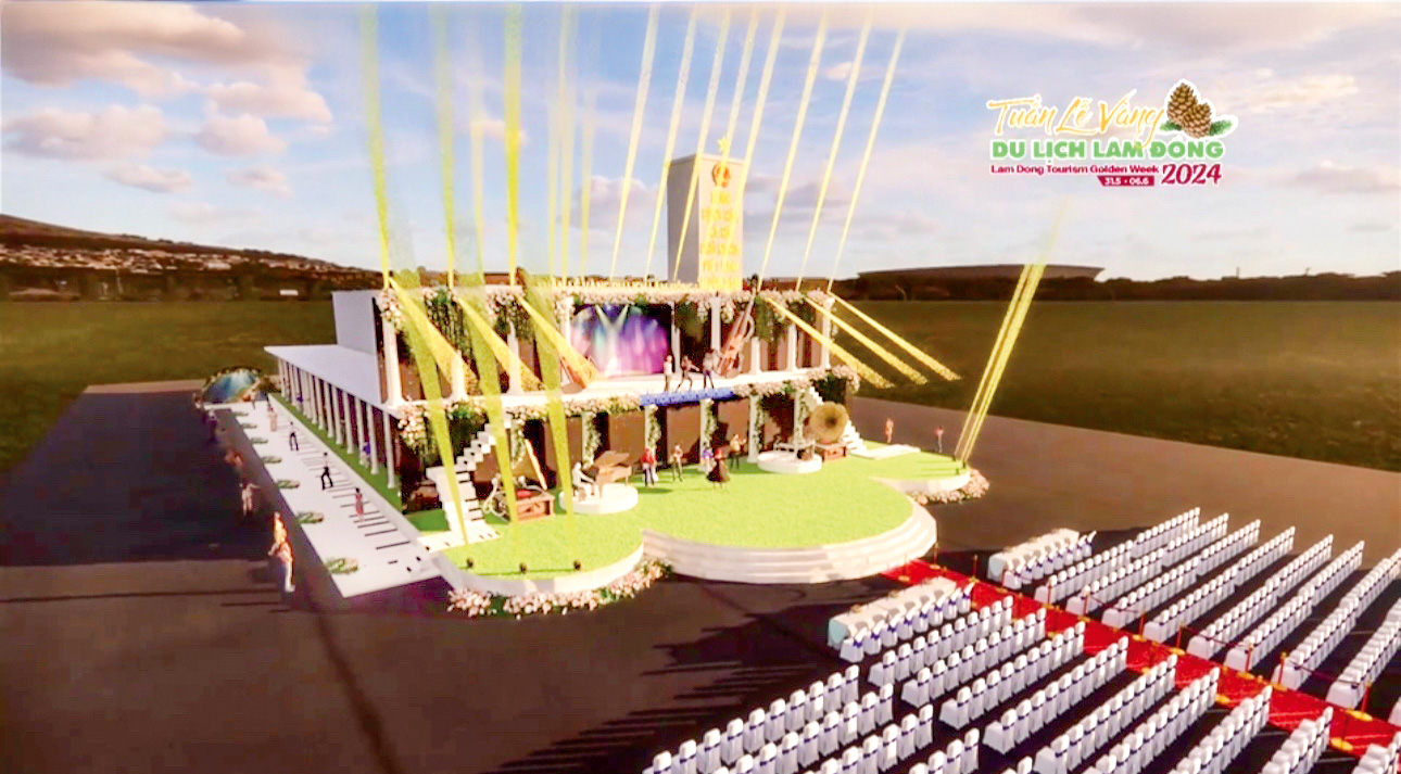 Mô hình thiết kế sân khấu tại Khu Hoà Bình trong Lễ khai mạc Tuần lễ Vàng Du lịch Lâm Đồng