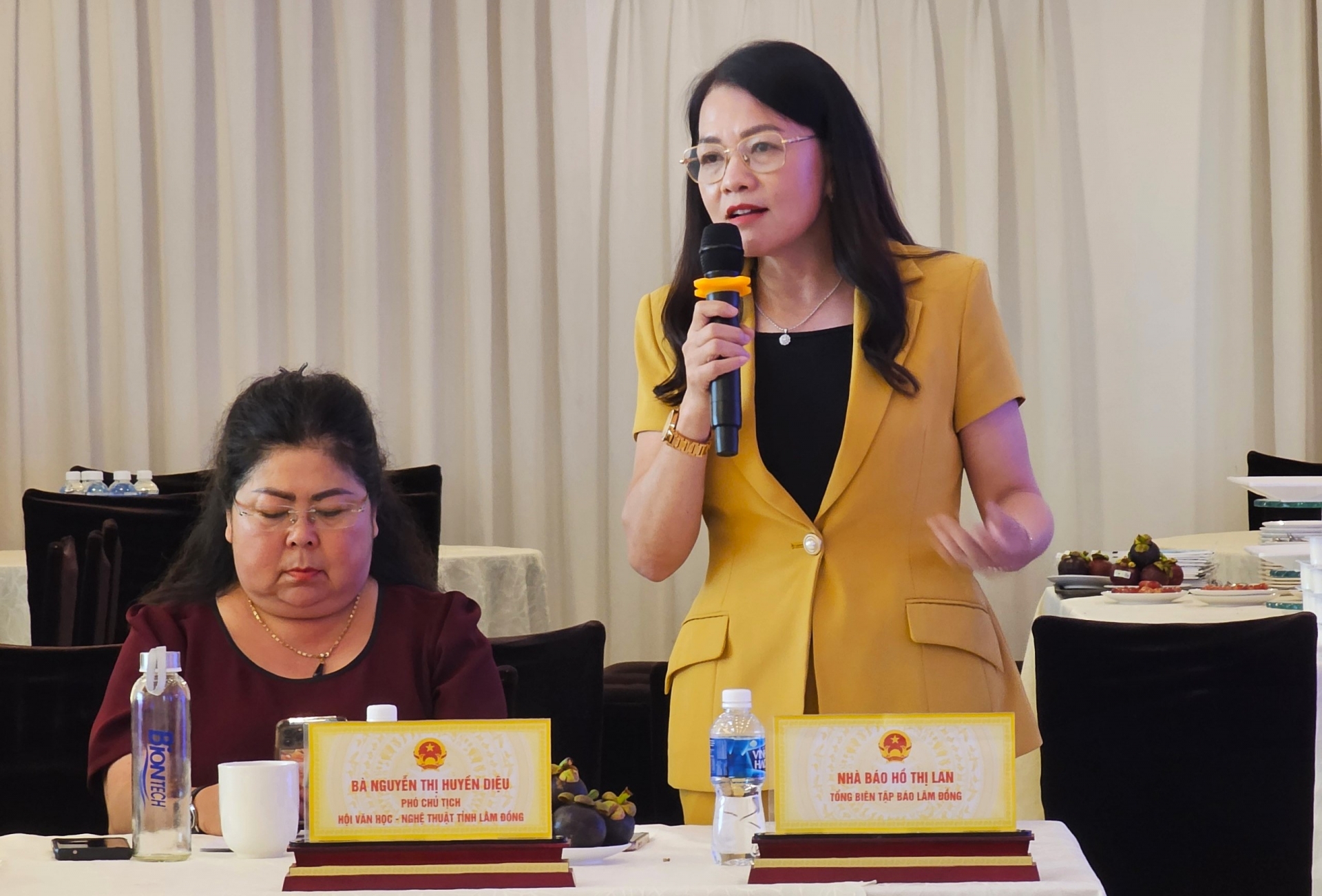 Nhà báo Hồ Thị Lan - Tổng Biên tập Báo Lâm Đồng phát biểu tại buổi gặp mặt thân mật