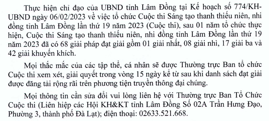 Thông báo kết quả Cuộc thi Sáng tạo thanh thiếu niên, nhi đồng tỉnh Lâm Đồng lần thứ 19 năm 2023