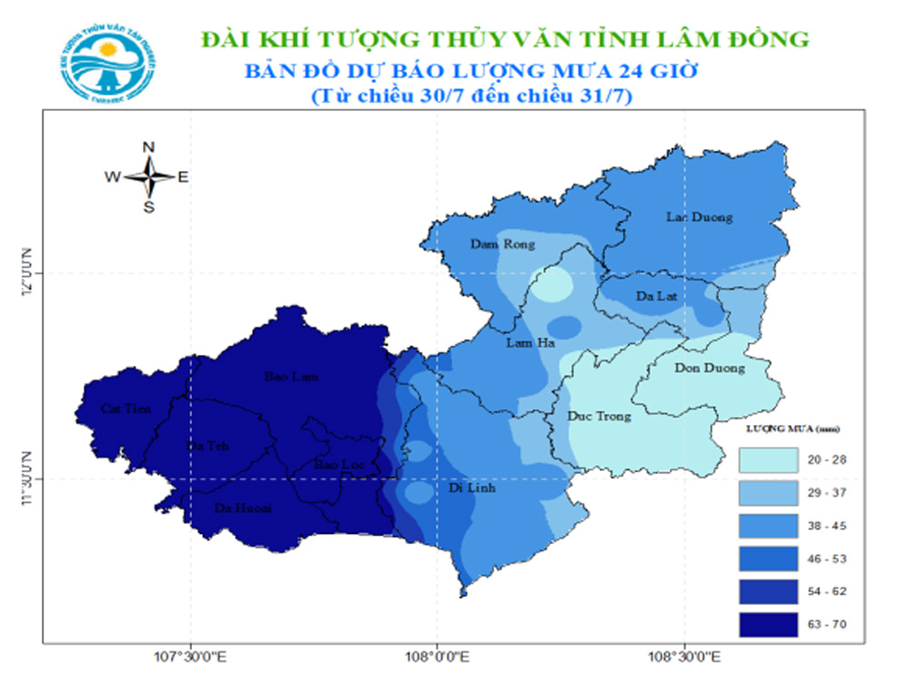 Đêm nay và ngày mai, nhiều khu vực ở Lâm Đồng tiếp tục có mưa lớn