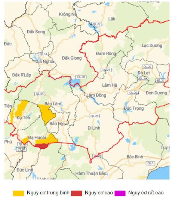 Bản đồ nguy cơ lũ quét, sạt lở đất đá trong 6 giờ tới trên các khu vực tỉnh Lâm Đồng