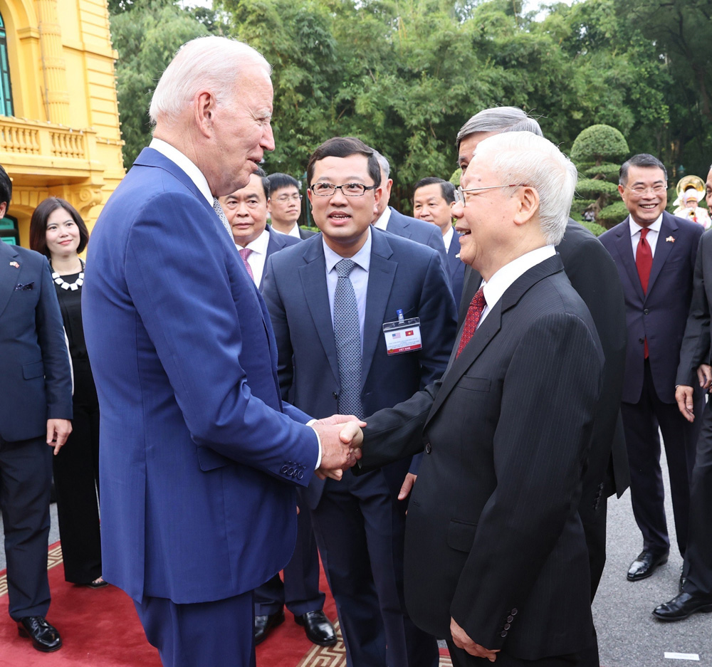 Tổng Bí thư Nguyễn Phú Trọng đón Tổng thống Hoa Kỳ Joe Biden thăm cấp Nhà nước tới Việt Nam. Ảnh: TTXVN