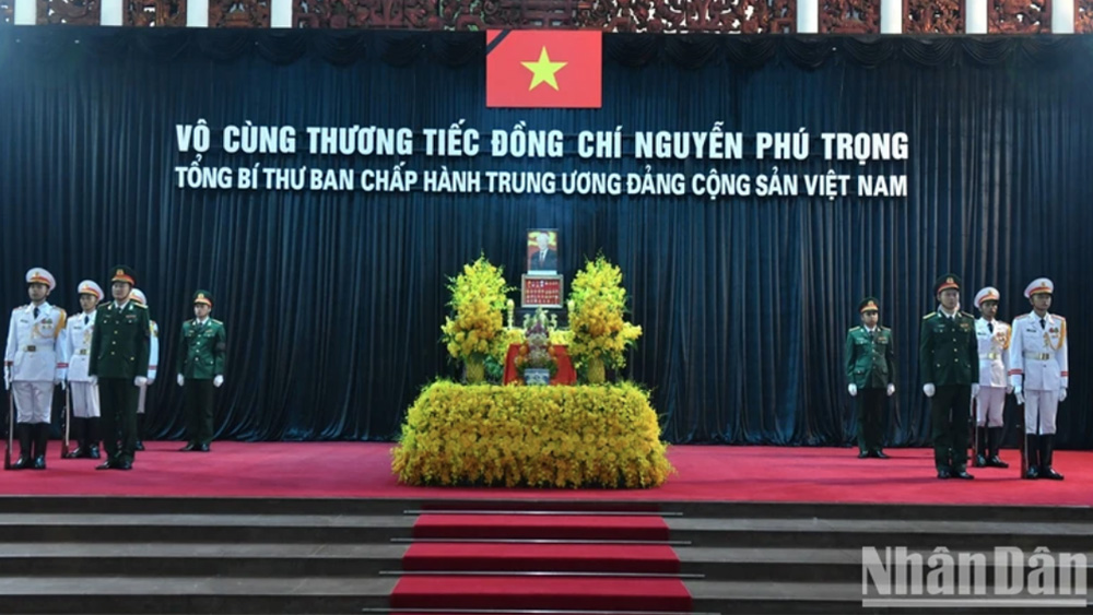 Linh cữu Tổng Bí thư Nguyễn Phú Trọng được quàn tại Nhà tang lễ Quốc gia số 5 Trần Thánh Tông, thành phố Hà Nội