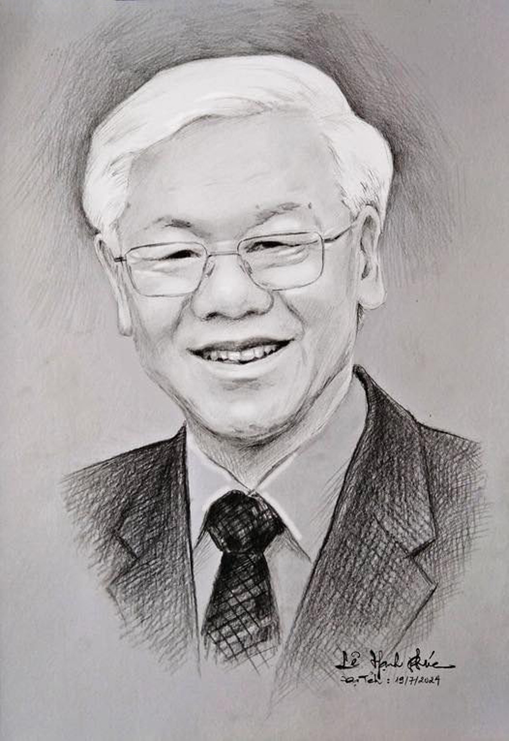 Bức tranh vẽ Tổng Bí thư Nguyễn Phú Trọng của thầy giáo Lê Hạnh Phúc, huyện Đạ Tẻh