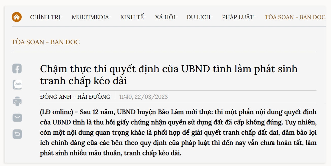 Một bài viết liên quan đến vụ việc của ông Nguyễn Văn Thuấn được Báo Lâm Đồng viết bài phản ánh