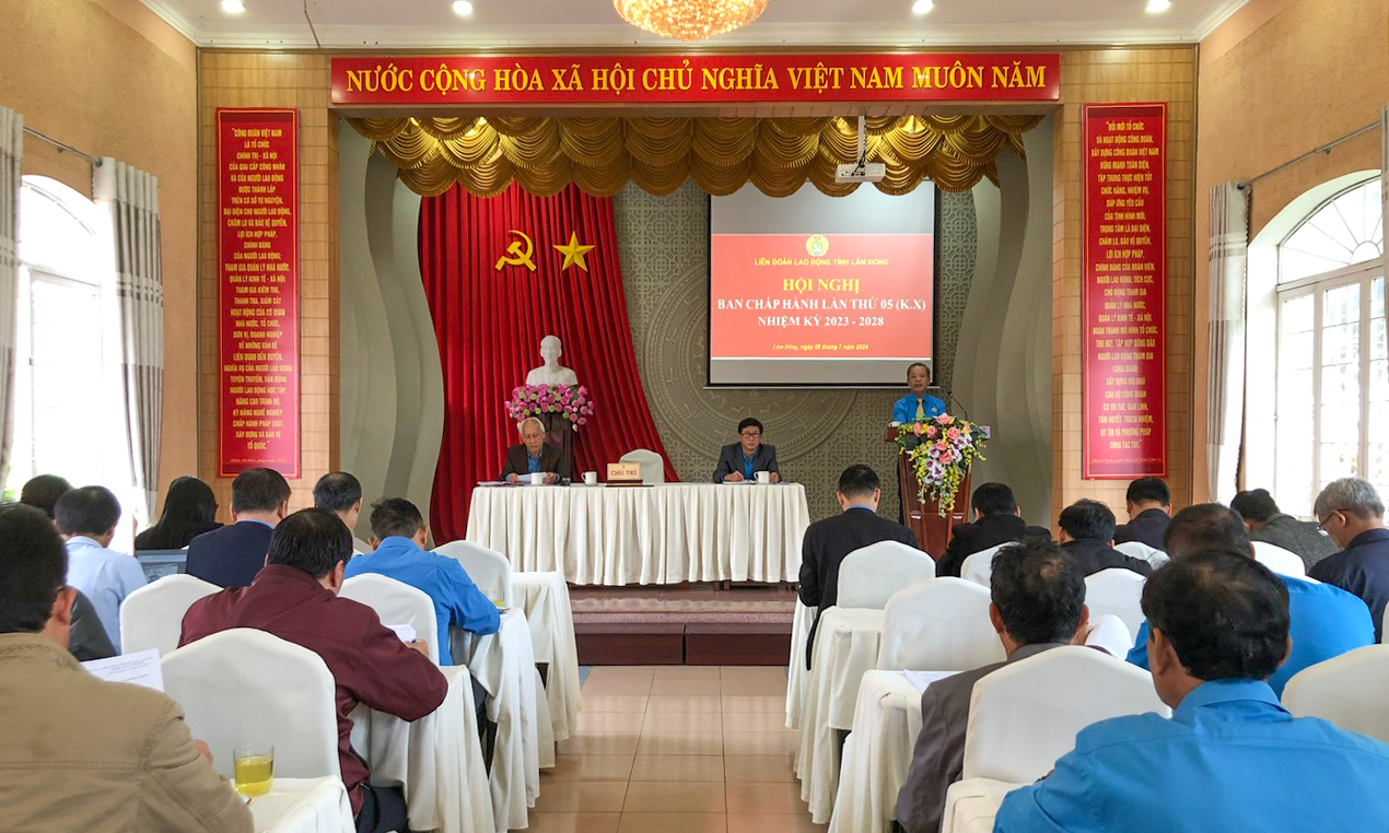 Đồng chí Hoàng Liên - Chủ tịch LĐLĐ tỉnh phát biểu trong Hội nghị