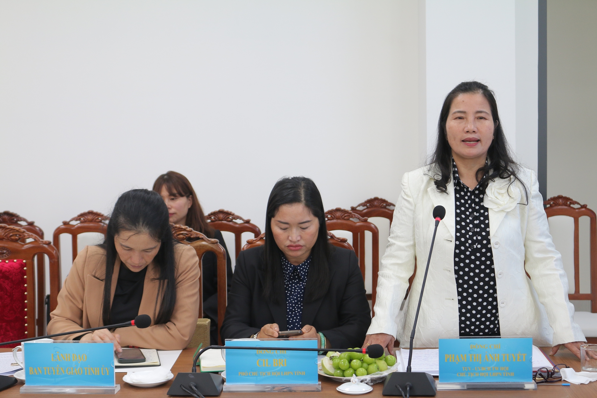 Bà Phạm Thị Ánh Tuyết - Chủ tịch Hội LHPN tỉnh Lâm Đồng báo cáo kết quả giữa nhiệm kỳ thực hiện Nghị quyết Đại hội đại biểu phụ nữ toàn quốc lần thứ XIII