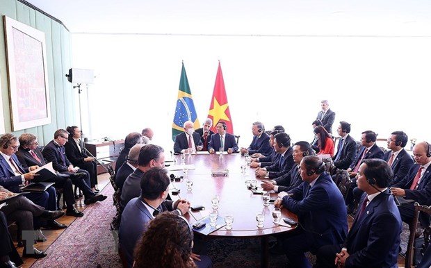 Quang cảnh buổi hội đàm giữa Thủ tướng Phạm Minh Chính và Tổng thống Brazil Lula da Silva
