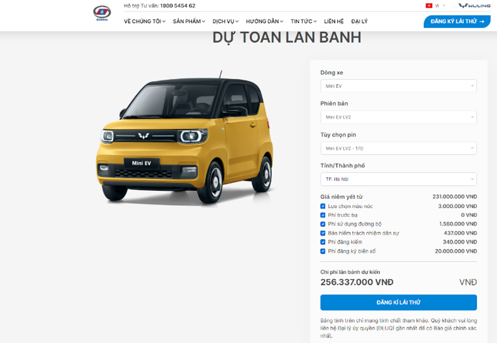 Chi phí lăn bánh của Wuling Mini EV